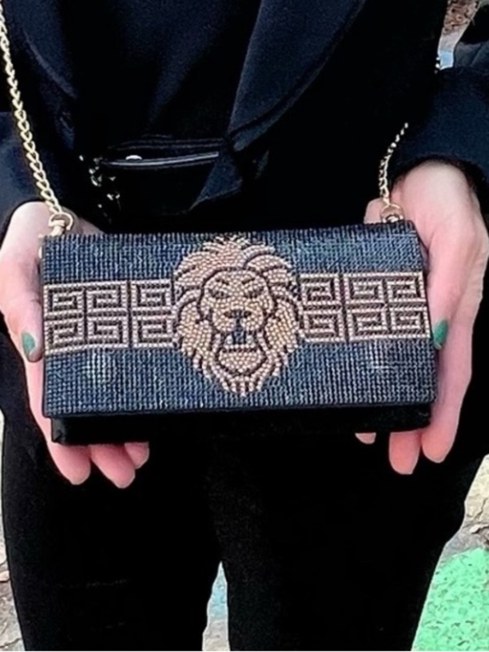 Black Gold Lion Crystal Stadium Bag Crossbody Shoulder Waist + Belt Clutch Leo